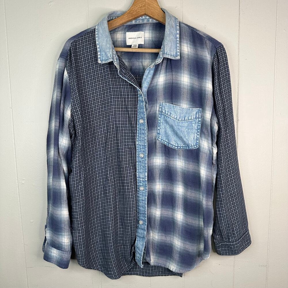 American Eagle Womens M Mixed Print Plaid Button Up Shirt Denim Chambray Grunge